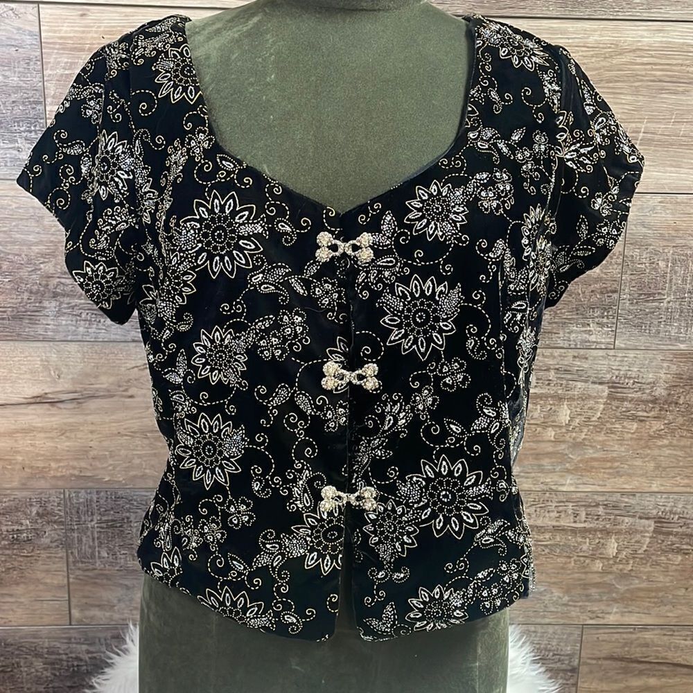 R&K Vintage Evening Black shimmery raised glittery embellished velvet Top,